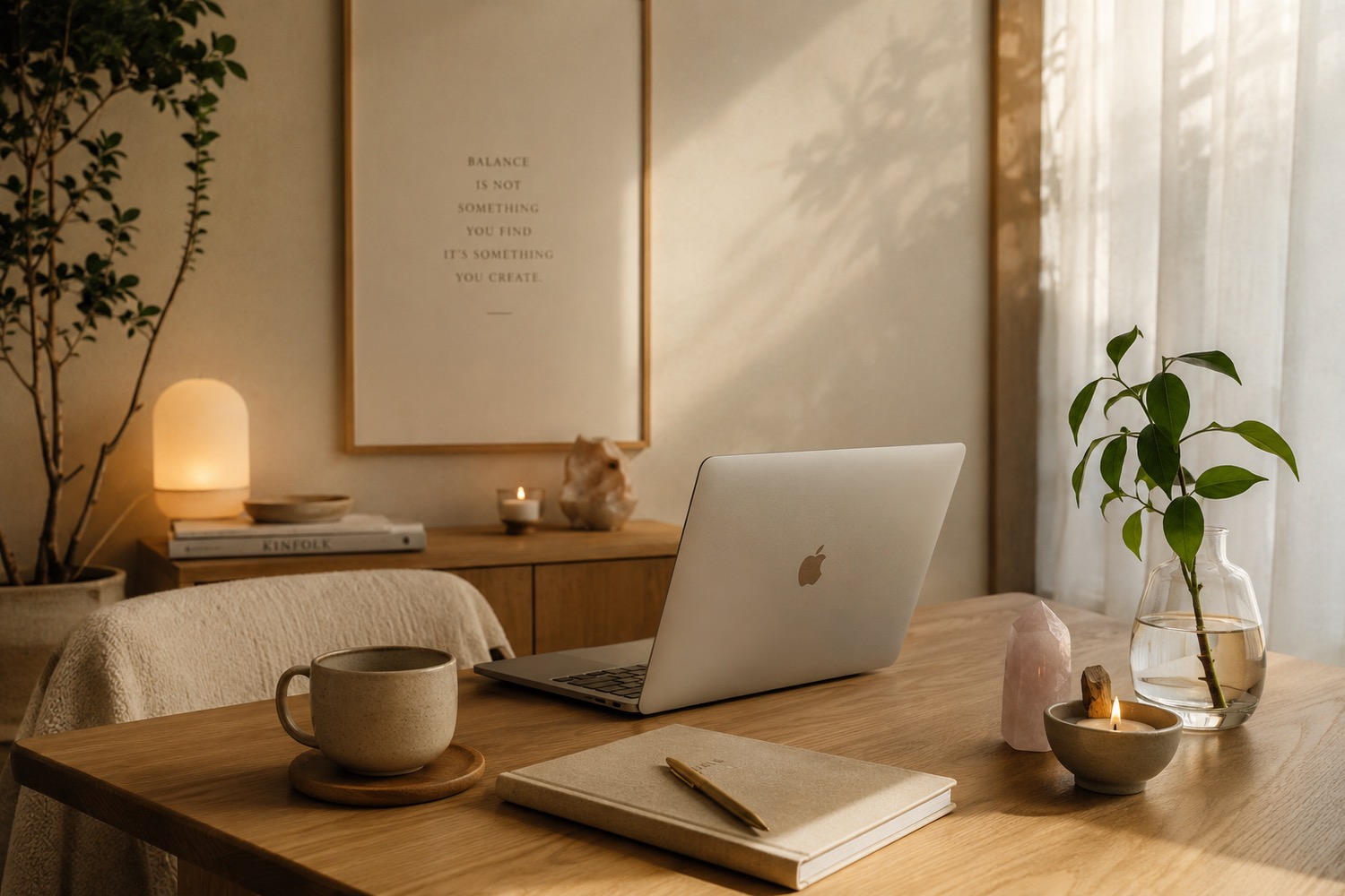 Calm workspace with candle and plants